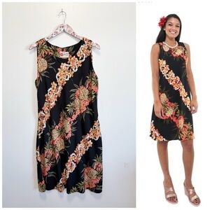 HILO HATTIE Pineapple Panel Black Rayon Hawaiian Knee Length Bias-Cut Dress XL